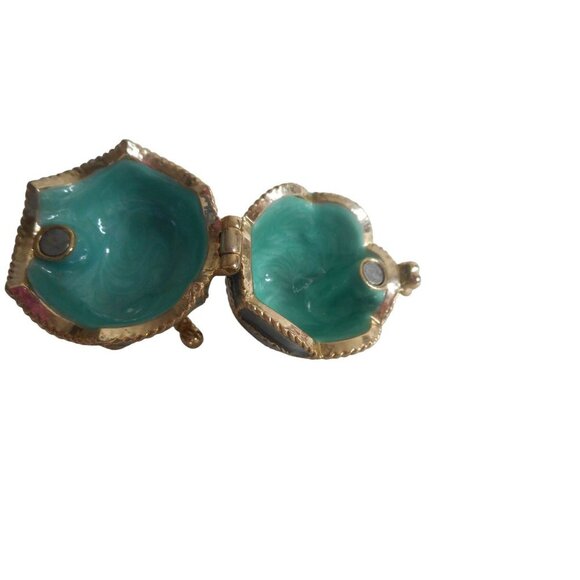 Monet Egg Footed Trinket Box Teal Blue Green Enamel Gold Trim Rhinestone Accents - Picture 4 of 6